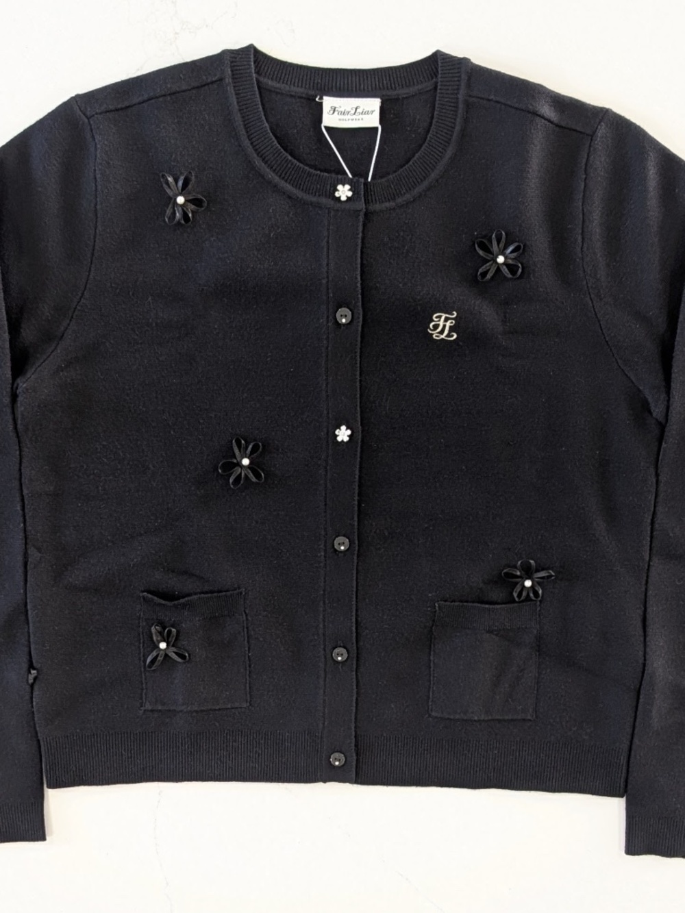Fair Liar Luxury Golf Flower Cardigan Sweater Black Size S Pearl Button NWT